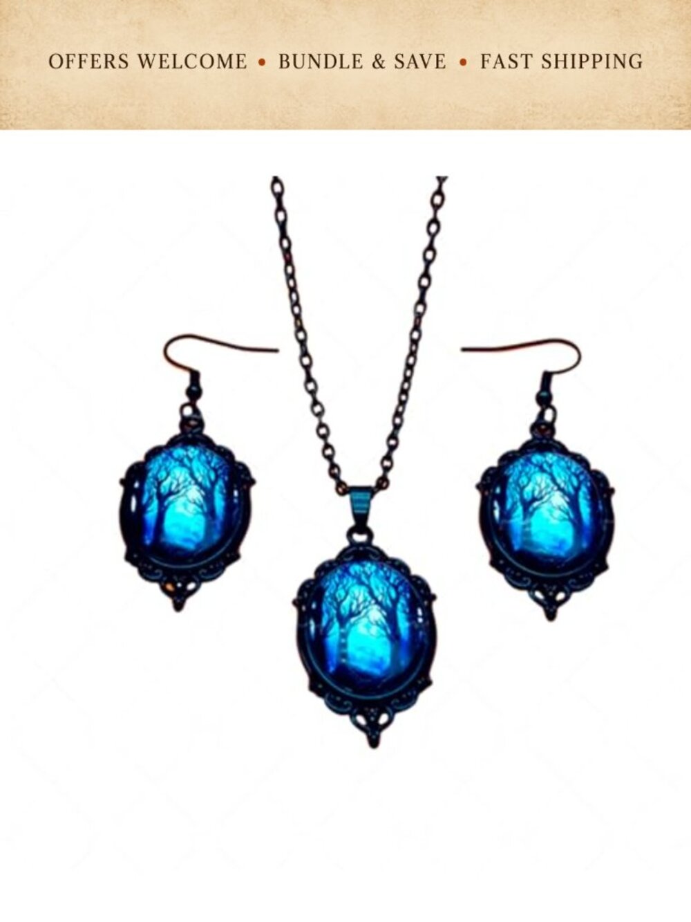 Gothic Glass Pendant Necklace Earrings Set Punk Halloween Costume Jewelry